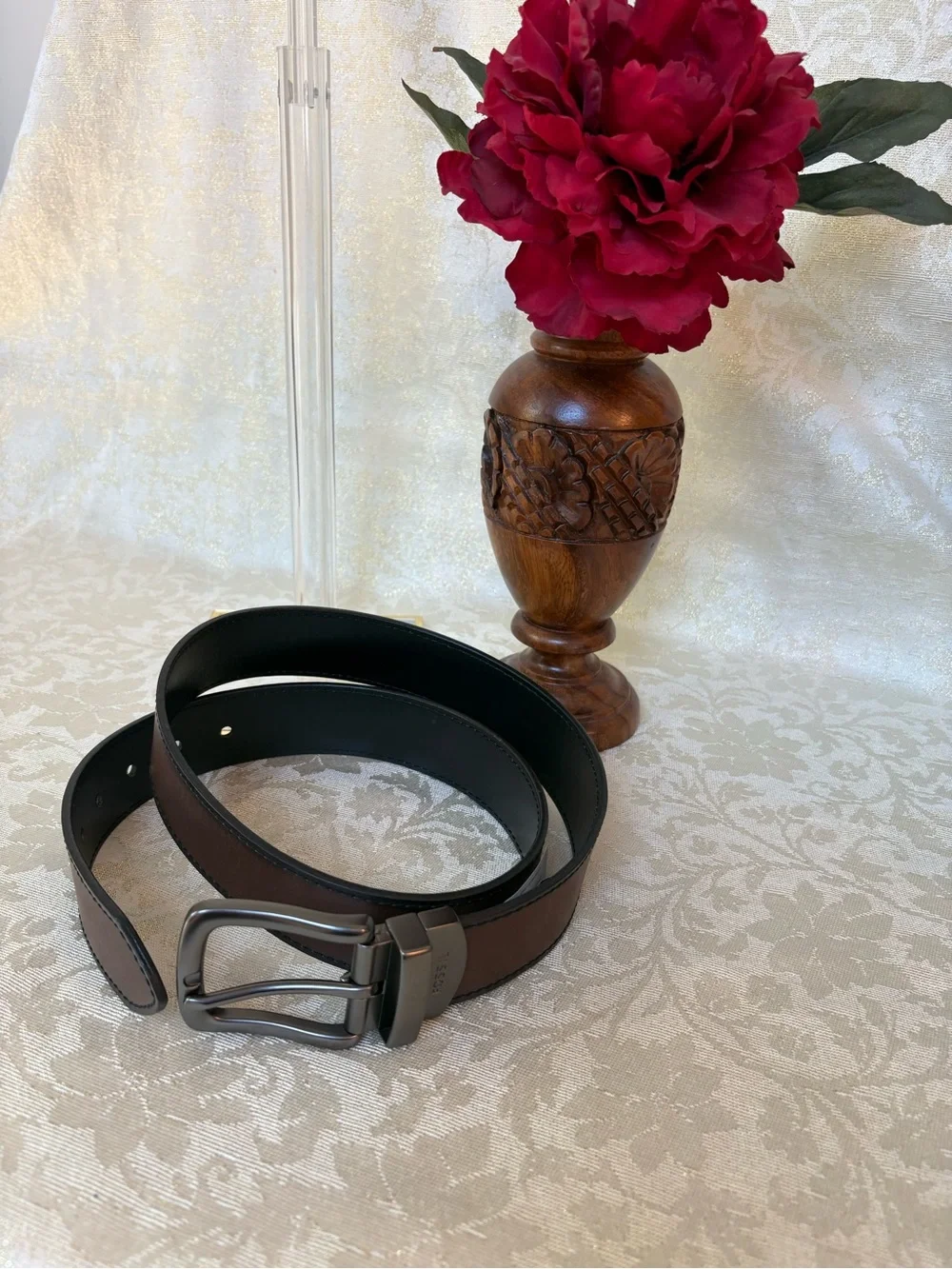 Fossil Brayden Men's Leather Brown and Black Accent Belt NWT Size 36
